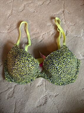 PINK Victoria's Secret Neon Yellow Leopard Push-Up Bra